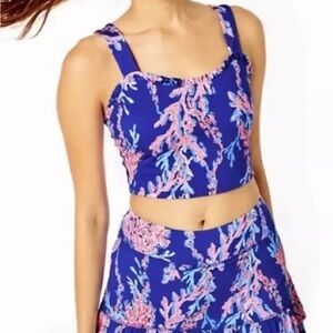 Lilly Pulitzer Blue Pink Coral Print Crop Top Luxletic Zahara Sports Bra Large